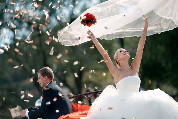 bride with confetti