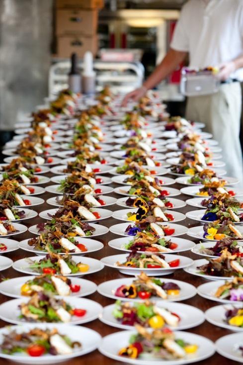 long table of appetizer plates